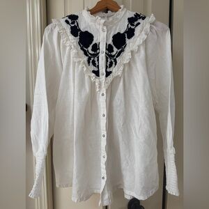 Free People Women's Button-Front Western-style Blouse with Black Embroidery XS